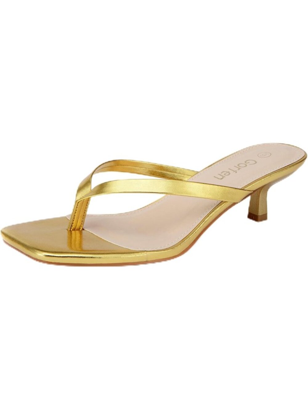 Women Gold Solid Open Square-Toe Slip-On Thong Flip-Flop Kitten Heeled Sandal